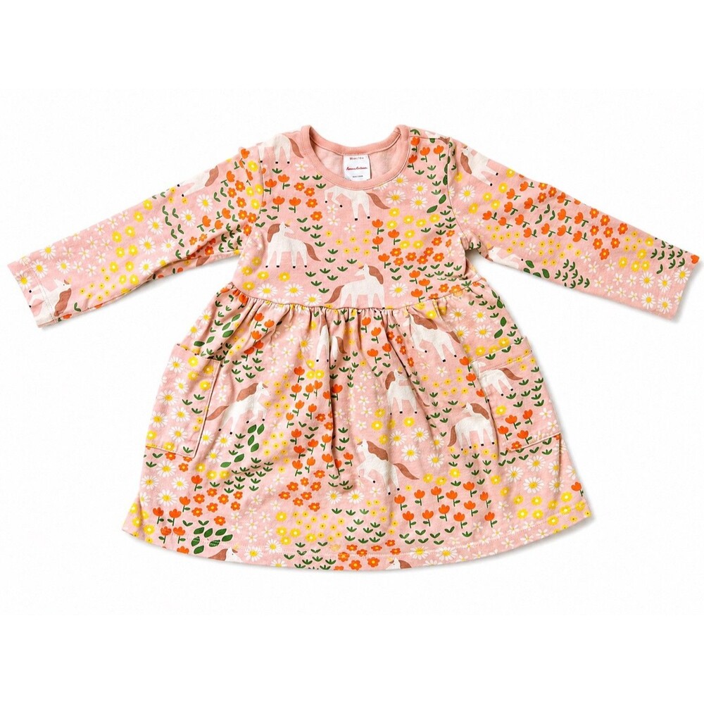 Hanna Andersson Girls 3T Playground Dress Horses Floral Pink Pockets Long Sleeve